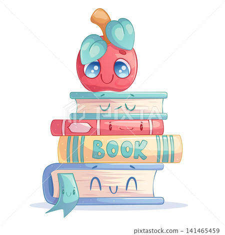 Hand-drawn cute cartoon characters. A stack of books and an apple. Isolated on a white background. Cartoon children's vector illustration for the design of posters, postcards for printing, textiles Hand-drawn cute cartoon characters. A stack of books and an apple. Isolated on a white background. Cartoon children's vector illustration for the design of posters, postcards for printing, textiles 141465459
