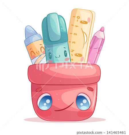 Hand-drawn cute smiling cartoon characters. A cup with a pen, marker, ruler. Isolated on a white background. Cartoon children's vector illustration for the design of posters, printing, textiles Hand-drawn cute smiling cartoon characters. A cup with a pen, marker, ruler. Isolated on a white background. Cartoon children's vector illustration for the design of posters, printing, textiles 141465461
