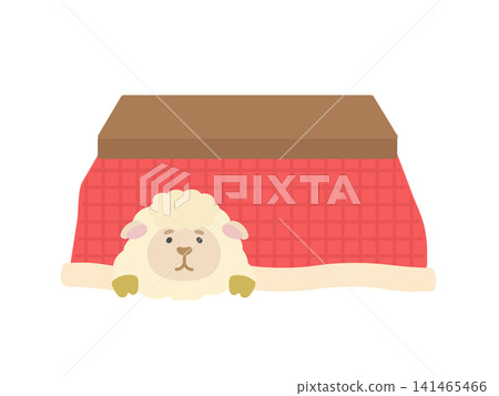 A sheep sitting inside a red kotatsu (heated table) - Illustration A sheep sitting inside a red kotatsu (heated table) - Illustration 141465466