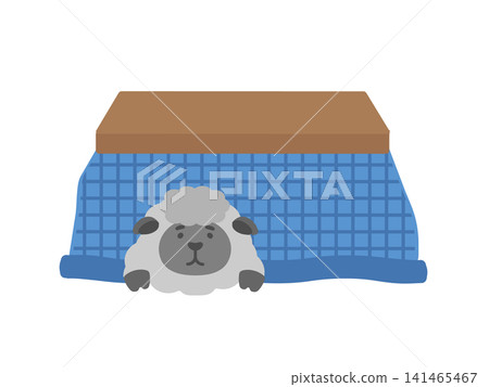 一隻黑羊坐在藍色的暖桌(kotatsu)裡-插圖 一隻黑羊坐在藍色的暖桌(kotatsu)裡-插圖 141465467