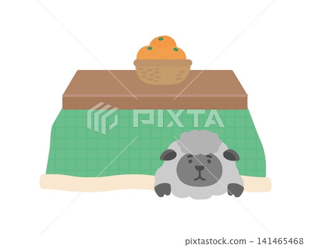 一隻黑羊坐在綠色的暖桌（kotatsu）裡－插圖 141465468