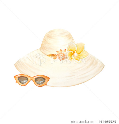 A watercolor illustration of a casual woven summer hat with shells and a plumeria flower. A retro style women's straw headdress and sunglasses are perfect for a beach vacation. The women's accessories A watercolor illustration of a casual woven summer hat with shells and a plumeria flower. A retro style women's straw headdress and sunglasses are perfect for a beach vacation. The women's accessories 141465525