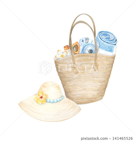 A watercolor composition for a seaside or ocean vacation. A beach bag with pool accessories. A woven straw hat with a hibiscus flower and a travel camera. Available for design, print, and hand painted A watercolor composition for a seaside or ocean vacation. A beach bag with pool accessories. A woven straw hat with a hibiscus flower and a travel camera. Available for design, print, and hand painted 141465526
