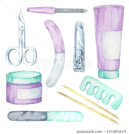 Silver scissors, purple nail file, nail clippers, cream tube, cream jar and manicure tools watercolor illustration for beauty packaging, salon branding, catalogs, websites and brochures. 141465624