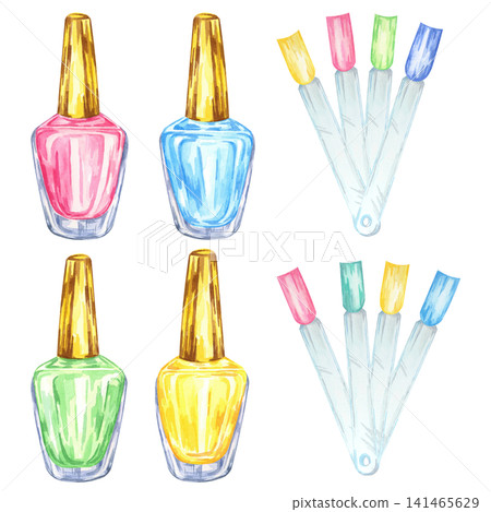 Pink, blue, yellow and green nail polish bottles with colorful swatches watercolor clipart for manicure branding, beauty packaging, salon menus, cosmetic advertising and fashion stationery. Pink, blue, yellow and green nail polish bottles with colorful swatches watercolor clipart for manicure branding, beauty packaging, salon menus, cosmetic advertising and fashion stationery. 141465629