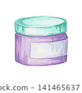 Purple cosmetic cream jar with mint lid watercolor illustration for skincare labels, beauty packaging, spa advertising, product catalogs, cosmetic branding, websites and printable marketing 141465637