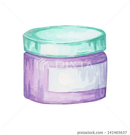 Purple cosmetic cream jar with mint lid watercolor illustration for skincare labels, beauty packaging, spa advertising, product catalogs, cosmetic branding, websites and printable marketing Purple cosmetic cream jar with mint lid watercolor illustration for skincare labels, beauty packaging, spa advertising, product catalogs, cosmetic branding, websites and printable marketing 141465637