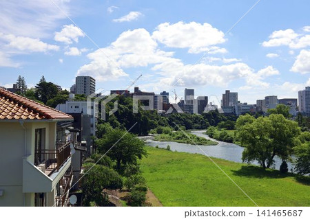 A view of the Hirose River and the sprawling downtown area of Sendai from Yodomi Bridge. A view of the Hirose River and the sprawling downtown area of Sendai from Yodomi Bridge. 141465687