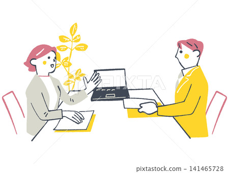 畫面中，一名公司員工正在諮詢台對面接受人力資源代表對系統的解釋。 141465728