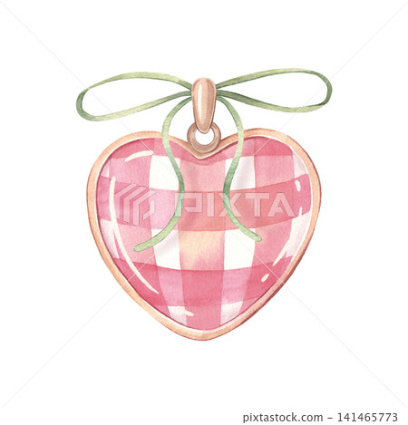 Pink gingham heart, coquette pendant with bow. Hand-painted watercolor illustration isolated on white for jewelry branding, sticker, invitation, valentine card, packaging, scrapbooking, poster, design Pink gingham heart, coquette pendant with bow. Hand-painted watercolor illustration isolated on white for jewelry branding, sticker, invitation, valentine card, packaging, scrapbooking, poster, design 141465773