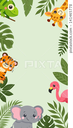 Cute safari animals peeking out from jungle leaves on green background Cute safari animals peeking out from jungle leaves on green background 141465778