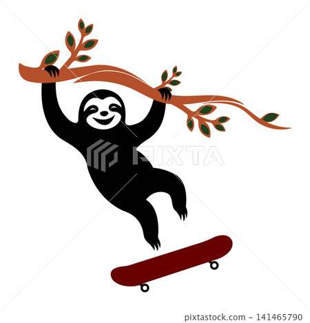 Funny sloth swinging from branch about to land on skateboard showing joy and courage Funny sloth swinging from branch about to land on skateboard showing joy and courage 141465790