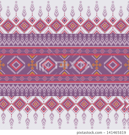 Decorative seamless border pattern with geometric diamonds and woven-inspired motifs in purple and pink, suitable for wallpaper, textiles, gift wrap and home decor. Decorative seamless border pattern with geometric diamonds and woven-inspired motifs in purple and pink, suitable for wallpaper, textiles, gift wrap and home decor. 141465819