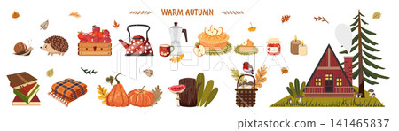 Warm Autumn Vector Collection with Cozy Scandinavian Cabin, Forest Elements and Seasonal Decor Warm Autumn Vector Collection with Cozy Scandinavian Cabin, Forest Elements and Seasonal Decor 141465837