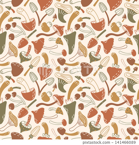 Seamless Mushroom Pattern with Hand Drawn Forest Fungi and Botanical Elements in Earthy Colors Vector Seamless Mushroom Pattern with Hand Drawn Forest Fungi and Botanical Elements in Earthy Colors Vector 141466089