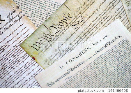 Closeup of a replica of U.S. document of American constitution We the people Closeup of a replica of U.S. document of American constitution We the people 141466408