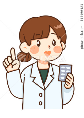 插圖描繪了一位女藥劑師拿著一張藥品說明書進行講解。 插圖描繪了一位女藥劑師拿著一張藥品說明書進行講解。 141466483