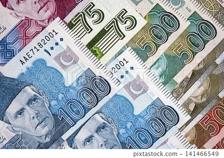 Pakistan rupees banknotes close up. The current Pakistan money bills lies on table in big amount Pakistan rupees banknotes close up. The current Pakistan money bills lies on table in big amount 141466549