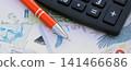 Argentine pesos money bills in big amount lies on table with pen and calculator close up 141466686