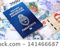 Argentine passport lies on Argentina pesos money bills close up. Travel and citizenship 141466687