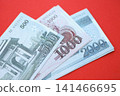North Korean won money bills in big amount lies on red color table close up 141466695