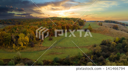 Offroad trail through colorful lush forest in autumn season at sunset. Tree canopies in fall woods. Landscape of autumnal wild nature 141466794