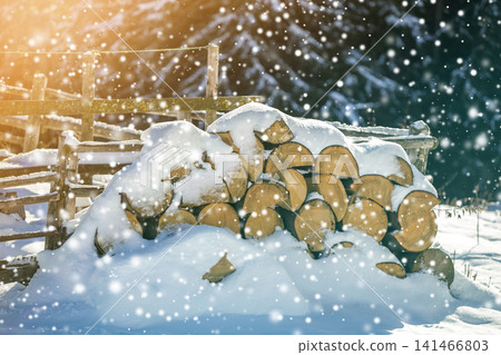 Neatly piled stack of chopped dry trunks wood covered with snow outdoors on bright cold winter sunny day, big snowflakes abstract background, Fire wood logs prepared for winter, ready for burning. Neatly piled stack of chopped dry trunks wood covered with snow outdoors on bright cold winter sunny day, big snowflakes abstract background, Fire wood logs prepared for winter, ready for burning. 141466803