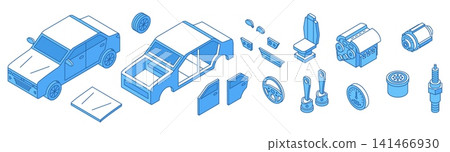 Isometric simple 3d car parts. Cars repair, auto service and garage tools and equipment. Different tech elements for automobile renovation, nifty vector set Isometric simple 3d car parts. Cars repair, auto service and garage tools and equipment. Different tech elements for automobile renovation, nifty vector set 141466930