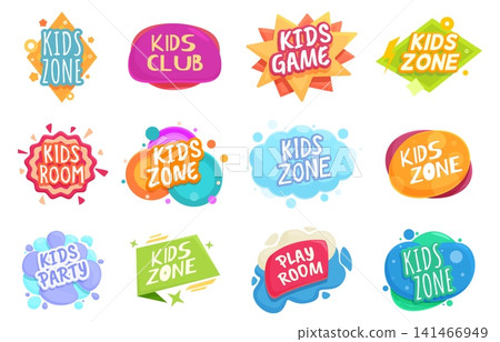 Playroom badges. Kids zone colorful stickers, isolated children area decorative logos. Kid club, room, party badge design. Funny decor sapid vector set Playroom badges. Kids zone colorful stickers, isolated children area decorative logos. Kid club, room, party badge design. Funny decor sapid vector set 141466949