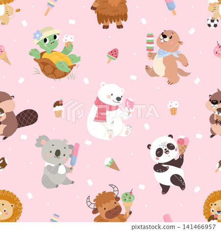 Animal and ice cream seamless pattern. Different cartoon funny animals with sweet creamy desserts. Children print template, nowaday vector design Animal and ice cream seamless pattern. Different cartoon funny animals with sweet creamy desserts. Children print template, nowaday vector design 141466957