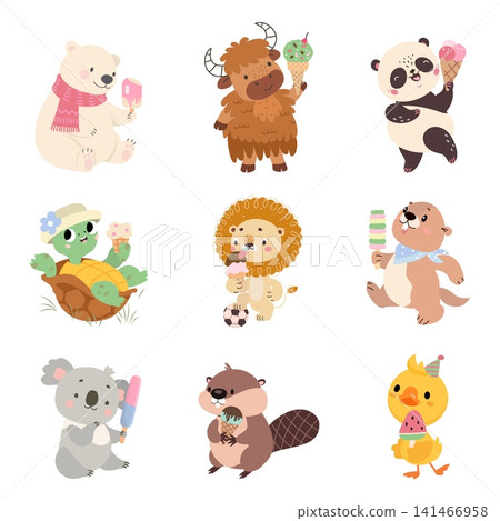 Animals with ice cream. Funny polar bear, turtle, koala, lion and duck holding sweet creamy desserts and popsicles. Children animal mascot, nowaday vector set Animals with ice cream. Funny polar bear, turtle, koala, lion and duck holding sweet creamy desserts and popsicles. Children animal mascot, nowaday vector set 141466958