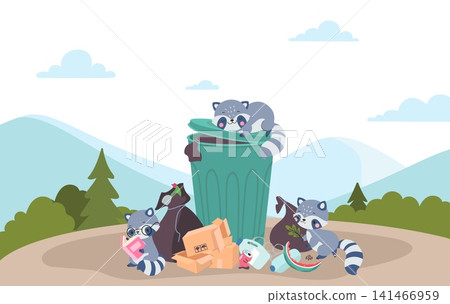 Raccoon with garbage. Wild animals group steals various trash, scattered waste. Urban animal pests, modern city problems, nowaday vector scene Raccoon with garbage. Wild animals group steals various trash, scattered waste. Urban animal pests, modern city problems, nowaday vector scene 141466959