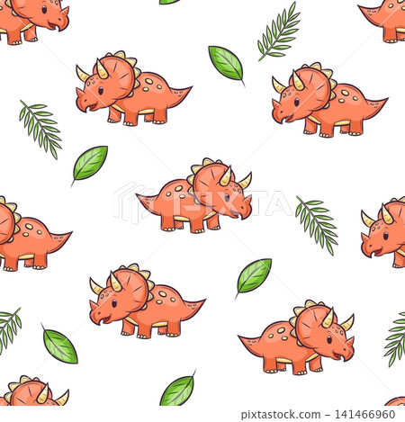 A seamless pattern featuring cute triceratops and leaves 141466960