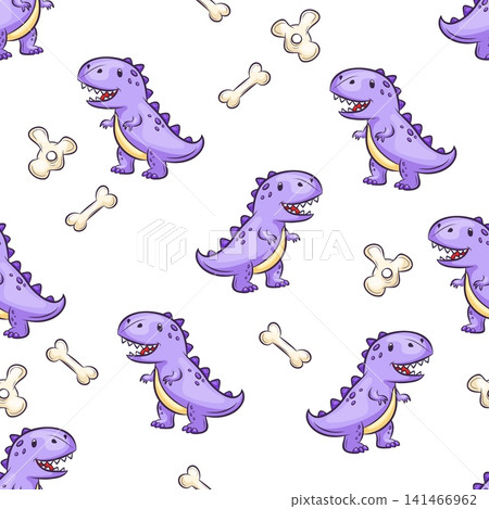 A seamless vector pattern featuring purple TRex dinosaurs and bones A seamless vector pattern featuring purple TRex dinosaurs and bones 141466962