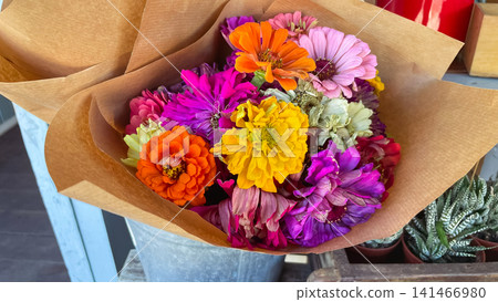 Colorful bouquet of fresh zinnia flowers wrapped in craft paper 141466980