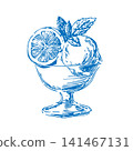 Ice Cream Sundae with Citrus and Mint Vector Vintage Ink Line Art Retro Dessert Illustration 141467131