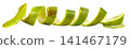 Long spiraled lime or green citrus fruit peel isolated. Fresh organic zest twist showing textured skin and white pith. Ideal for food, drink, cocktail, and nutrition concepts. 141467179