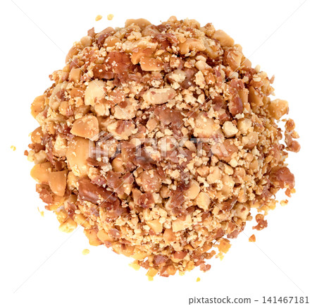 A pile of crushed roasted peanuts with brown skins isolated. Top view close-up of chopped groundnut pieces, ideal as a food ingredient for baking, snacks, or dessert toppings. A pile of crushed roasted peanuts with brown skins isolated. Top view close-up of chopped groundnut pieces, ideal as a food ingredient for baking, snacks, or dessert toppings. 141467181
