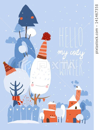 Cartoon Winter Landscape With Little Village and Cute Trees Cartoon Winter Landscape With Little Village and Cute Trees 141467358