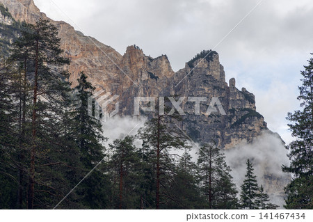 Jagged Piz de Pares rock towers rising above dark pines and a low fog bank Jagged Piz de Pares rock towers rising above dark pines and a low fog bank 141467434
