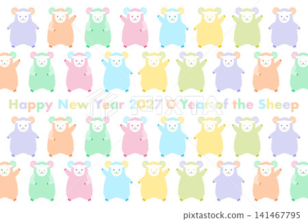 羊年(2027 年)新年卡片模板:可愛的粉紅彩色綿羊圖案。 羊年(2027 年)新年卡片模板:可愛的粉紅彩色綿羊圖案。 141467795