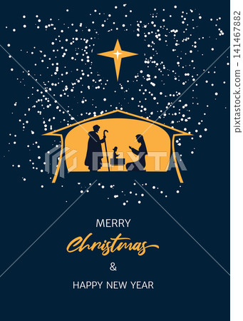 Star shines over manger of Jesus Christ. Merry Christmas and Happy New Year vector illustration for cover, card. Christmas design with Jesus, Mary, Joseph, star, snows, manger on a blue background Star shines over manger of Jesus Christ. Merry Christmas and Happy New Year vector illustration for cover, card. Christmas design with Jesus, Mary, Joseph, star, snows, manger on a blue background 141467882
