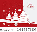 Greeting card or banner Merry Christmas and Happy New Year. Minimalist style. New Year's fir trees, snow, snowflakes, Jesus star on a white and red background 141467886