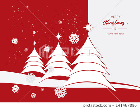 Greeting card or banner Merry Christmas and Happy New Year. Minimalist style. New Year's fir trees, snow, snowflakes, Jesus star on a white and red background 141467886
