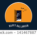 Happy Halloween. The moon and an open door with a skeleton in the background of graves 141467887