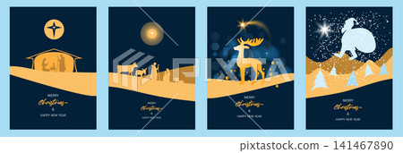 Set of Greeting cards or banners Merry Christmas and Happy New Year. Minimalist style. Silhouettes of Jesus Christ, Mary, Joseph and animals, star, Santa, deer 141467890
