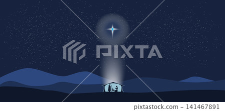 Star shines over manger of Jesus Christ. Vector illustration for banner. Christmas design with Jesus, Mary, Joseph, star, manger on a blue background. Star shines over manger of Jesus Christ. Vector illustration for banner. Christmas design with Jesus, Mary, Joseph, star, manger on a blue background. 141467891