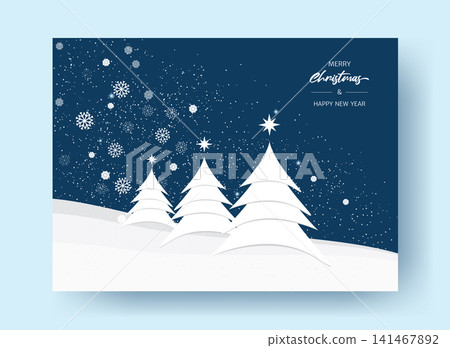 Greeting card or banner Merry Christmas and Happy New Year. Minimalist style. New Year's fir trees, snow, snowflakes, Jesus star on a white and blue background Greeting card or banner Merry Christmas and Happy New Year. Minimalist style. New Year's fir trees, snow, snowflakes, Jesus star on a white and blue background 141467892