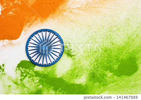 Ashoka chakra symbol on indian tricolor flag powder Ashoka chakra symbol on indian tricolor flag powder 141467989