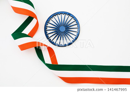 India tricolor ribbon and ashoka chakra symbol India tricolor ribbon and ashoka chakra symbol 141467995